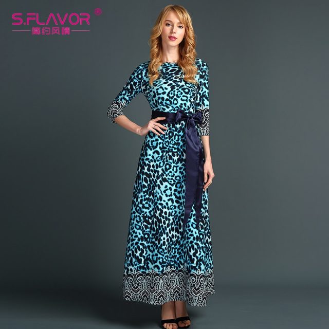 S.FLAVOR Clearance Sale Women Printing Long Dress Elegant 3/4 Sleeve O-neck Casual Vestidos For Female Women Autumn Dress