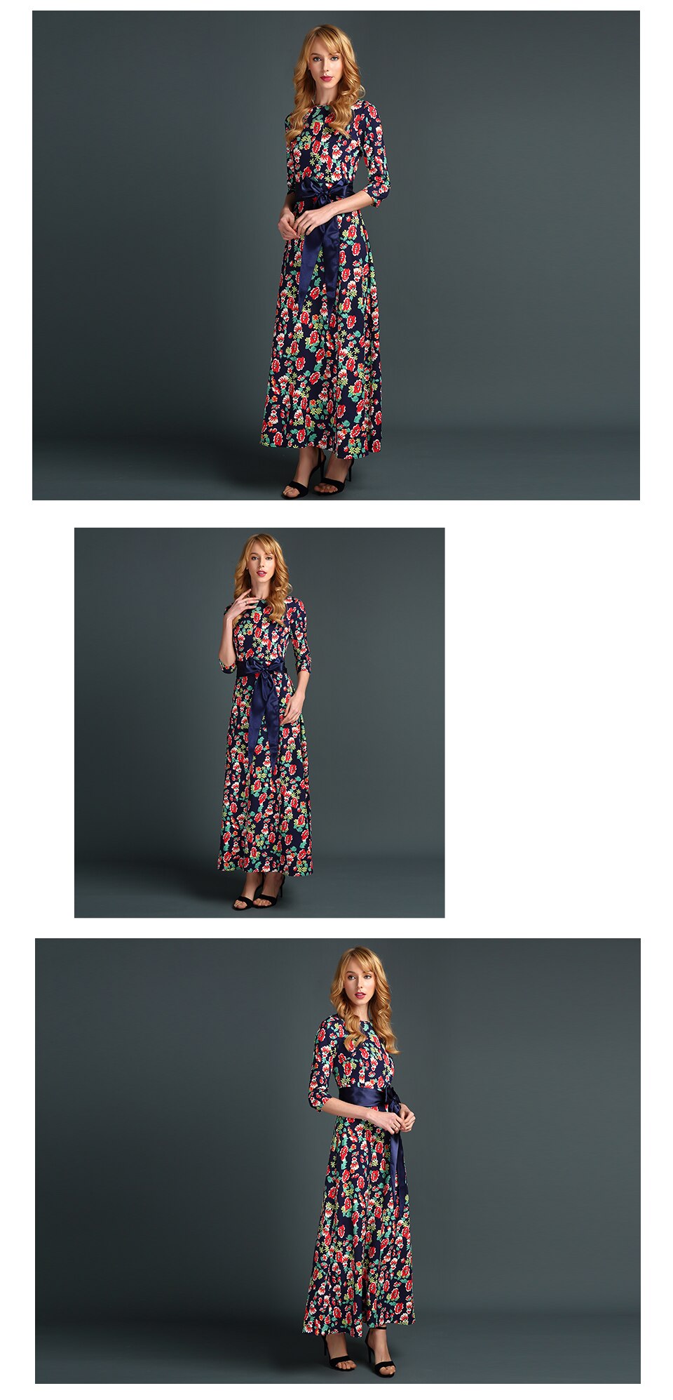 S.FLAVOR Clearance Sale Women Printing Long Dress Elegant 3/4 Sleeve O-neck Casual Vestidos For Female Women Autumn Dress