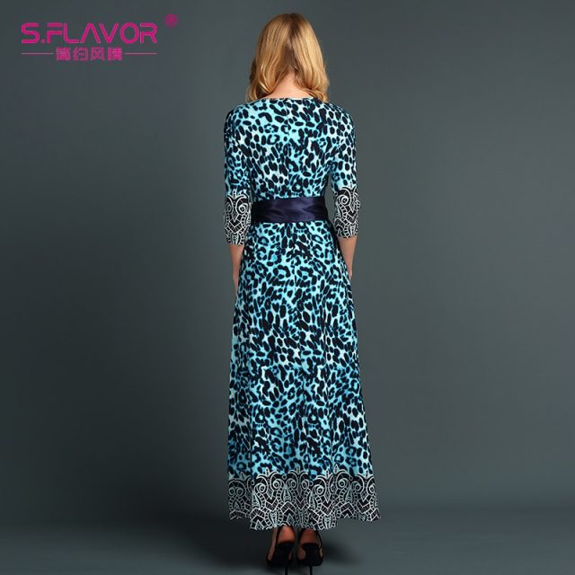 S.FLAVOR Clearance Sale Women Printing Long Dress Elegant 3/4 Sleeve O-neck Casual Vestidos For Female Women Autumn Dress