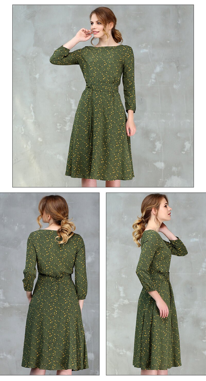 S.FLAVOR Casual Women Autumn Winter A-line Dress O-neck Three Quarter Sleeve Knee-length Dress Female Elegant Printing Vestidos