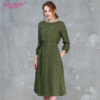 S.FLAVOR Casual Women Autumn Winter A-line Dress O-neck Three Quarter Sleeve Knee-length Dress Female Elegant Printing Vestidos