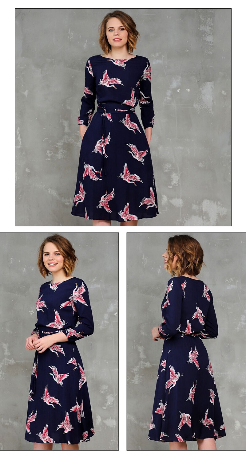 S.FLAVOR Casual Women Autumn Winter A-line Dress O-neck Three Quarter Sleeve Knee-length Dress Female Elegant Printing Vestidos