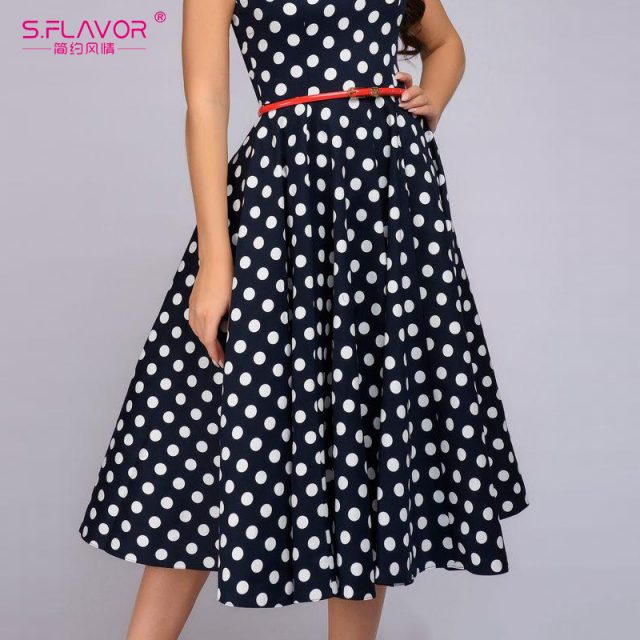 S.FLAVOR Women Retro Sleeveless Polka Dot Print Dress O Neck Vintage Dresses Knee Length Party vestidos de festa