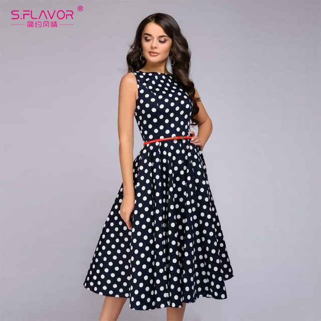 S.FLAVOR Women Retro Sleeveless Polka Dot Print Dress O Neck Vintage Dresses Knee Length Party vestidos de festa