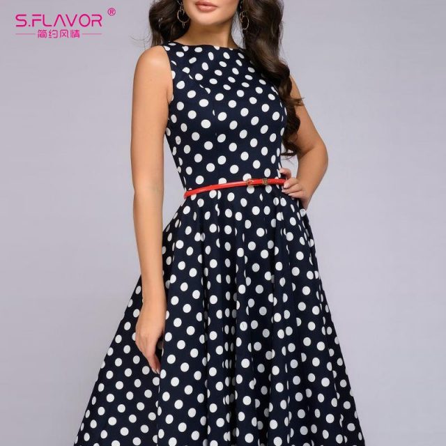 S.FLAVOR Women Retro Sleeveless Polka Dot Print Dress O Neck Vintage Dresses Knee Length Party vestidos de festa