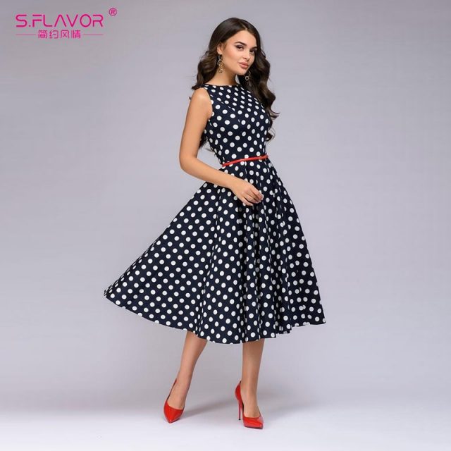 S.FLAVOR Women Retro Sleeveless Polka Dot Print Dress O Neck Vintage Dresses Knee Length Party vestidos de festa