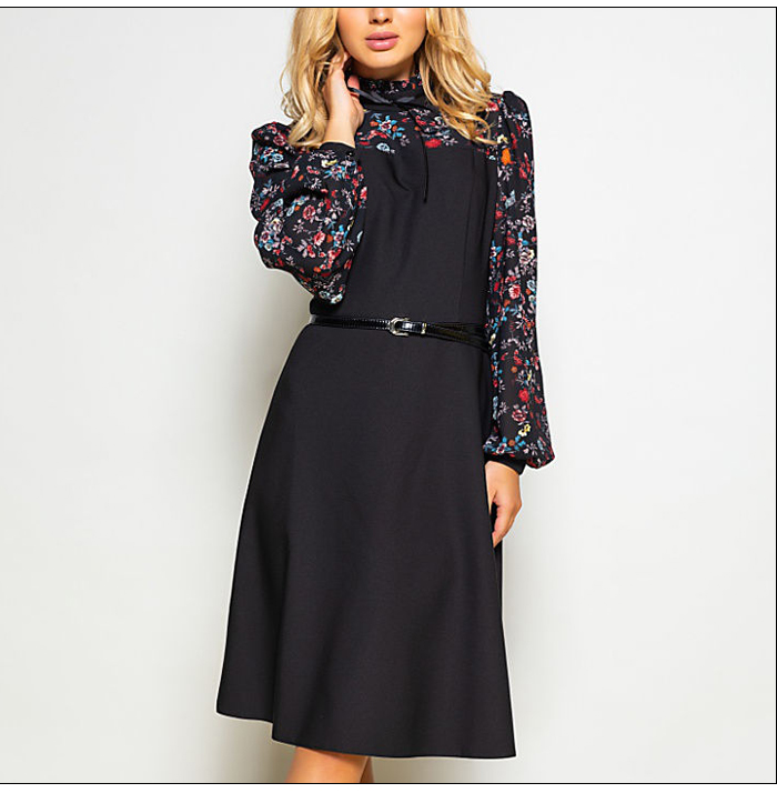 S.FLAVOR Women Autumn Winter Vintage A-line Dress NO Belt Elegant Flower Print Patchwork Long Sleeve Dress Party Vestidos