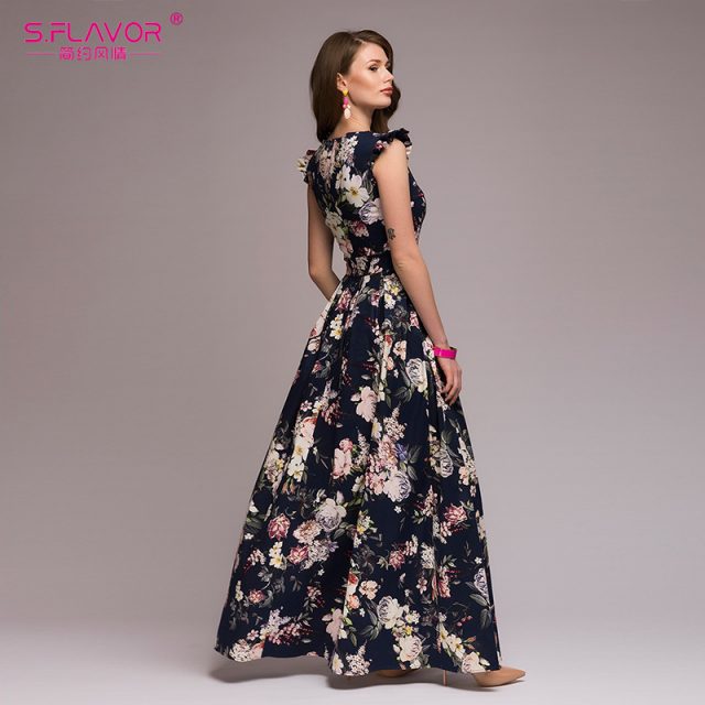 S.FLAVOR Women printing party vestidos De Festa Elegant fashion sleeveless ruffles long dress Elegant Women Bohemian dress