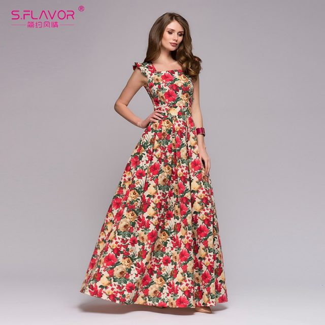 S.FLAVOR Women printing party vestidos De Festa Elegant fashion sleeveless ruffles long dress Elegant Women Bohemian dress