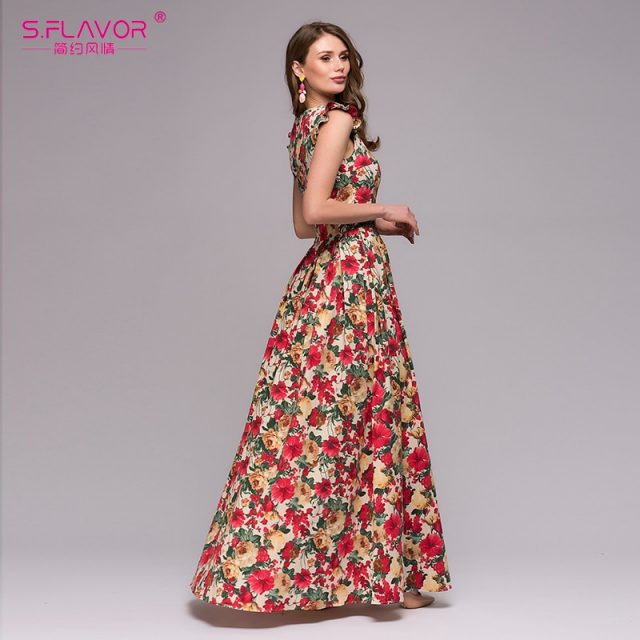 S.FLAVOR Women printing party vestidos De Festa Elegant fashion sleeveless ruffles long dress Elegant Women Bohemian dress