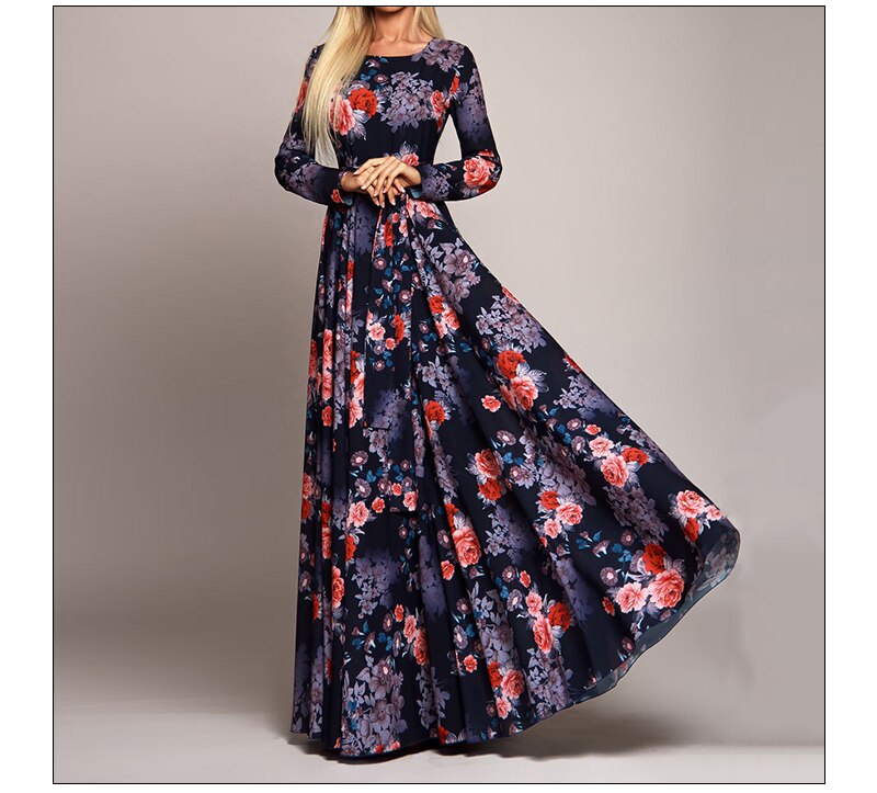 S.FLAVOR Women Retro Floral Printed Dress Fashion Long Sleeve O Neck Sexy Long Dresses Autumn Winter Elegant Party Vestidos De