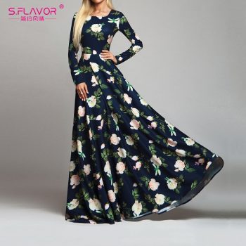 S.FLAVOR Women Retro Floral Printed Dress Fashion Long Sleeve O Neck Sexy Long Dresses Autumn Winter Elegant Party Vestidos De