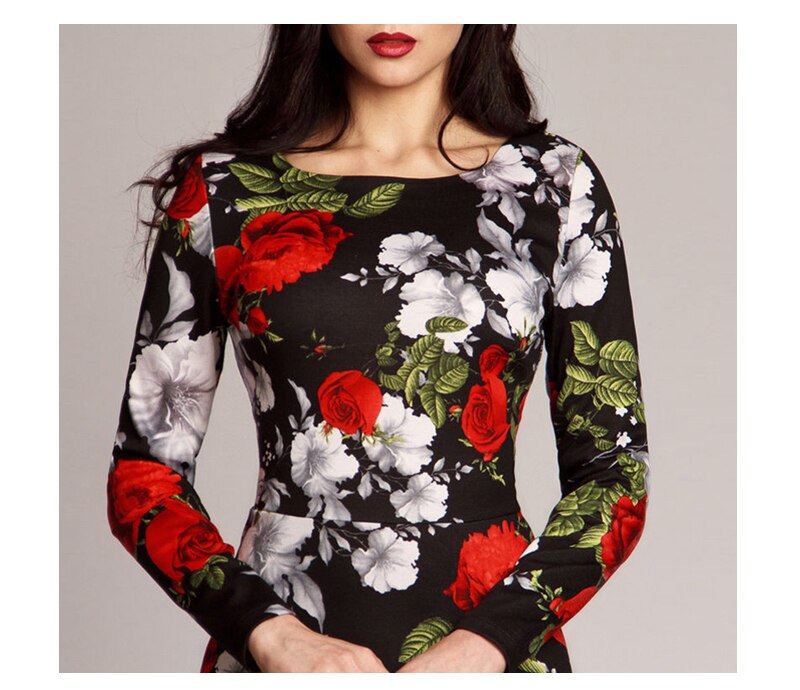 S.FLAVOR Women Retro Floral Printed Dress Fashion Long Sleeve O Neck Sexy Long Dresses Autumn Winter Elegant Party Vestidos De