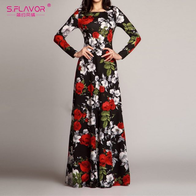 S.FLAVOR Women Retro Floral Printed Dress Fashion Long Sleeve O Neck Sexy Long Dresses Autumn Winter Elegant Party Vestidos De