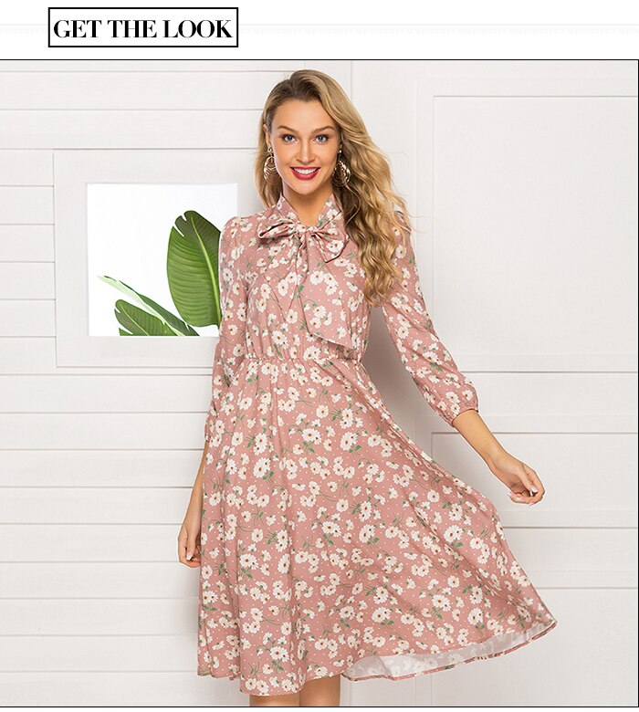 S.FLAVOR French Style Floral Printed Women Autumn Dress 2019 New Fashion 3/4 Sleeve Stand Collar Party Vestidos Casual Dress