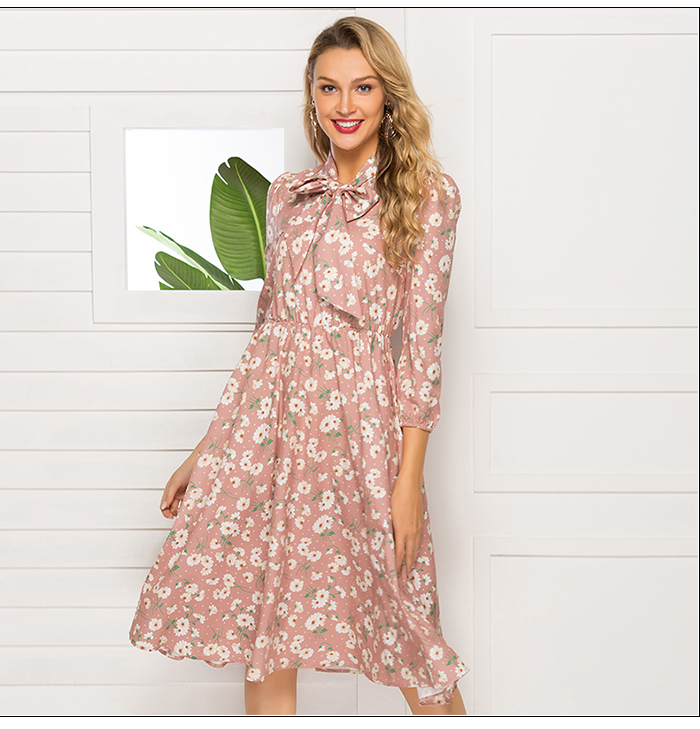 S.FLAVOR French Style Floral Printed Women Autumn Dress 2019 New Fashion 3/4 Sleeve Stand Collar Party Vestidos Casual Dress