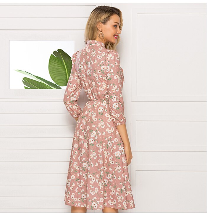 S.FLAVOR French Style Floral Printed Women Autumn Dress 2019 New Fashion 3/4 Sleeve Stand Collar Party Vestidos Casual Dress