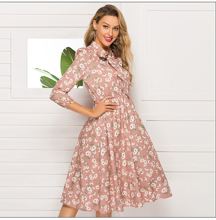 S.FLAVOR French Style Floral Printed Women Autumn Dress 2019 New Fashion 3/4 Sleeve Stand Collar Party Vestidos Casual Dress