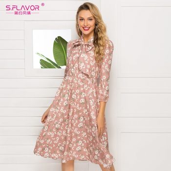 S.FLAVOR French Style Floral Printed Women Autumn Dress 2019 New Fashion 3/4 Sleeve Stand Collar Party Vestidos Casual Dress