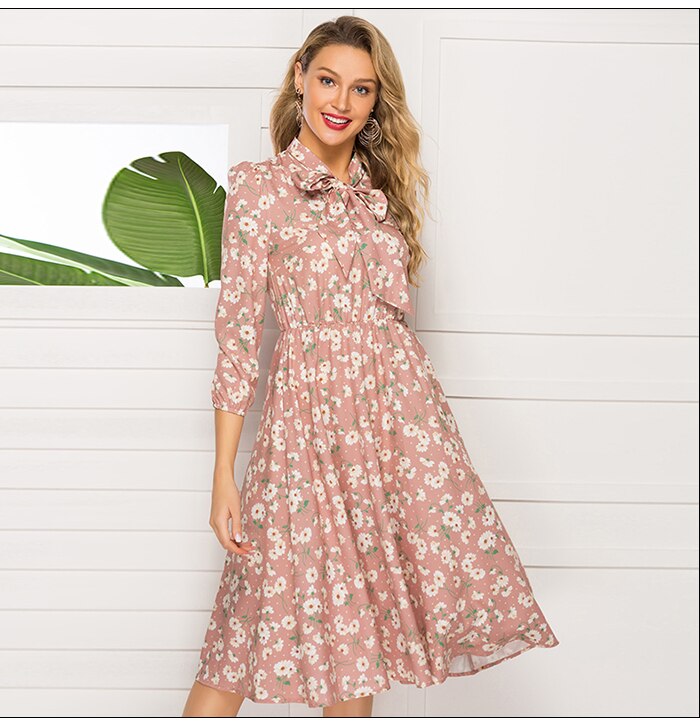 S.FLAVOR French Style Floral Printed Women Autumn Dress 2019 New Fashion 3/4 Sleeve Stand Collar Party Vestidos Casual Dress