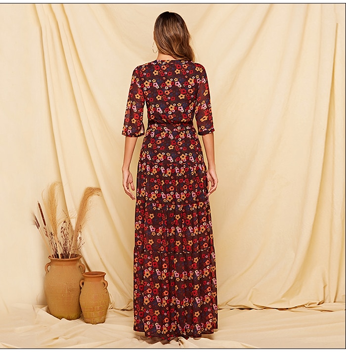 S.FLAVOR 2019 Floral Printed Women Long Dress Three Quarter Sleeve Casual Chiffon Vestidos De Bohemian Style Beach Dress Female