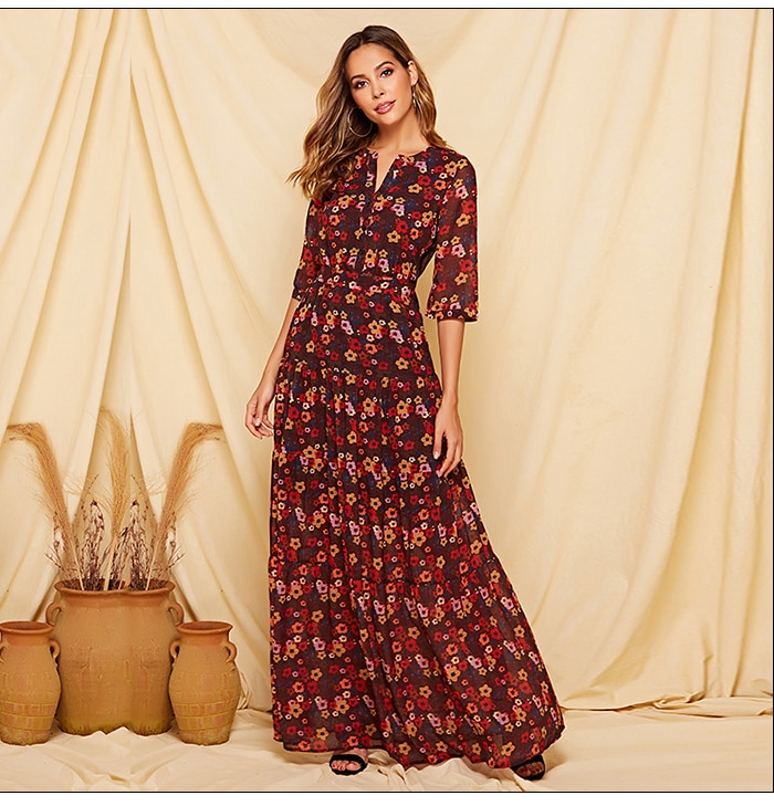 S.FLAVOR 2019 Floral Printed Women Long Dress Three Quarter Sleeve Casual Chiffon Vestidos De Bohemian Style Beach Dress Female