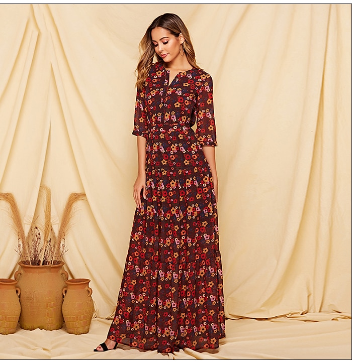 S.FLAVOR 2019 Floral Printed Women Long Dress Three Quarter Sleeve Casual Chiffon Vestidos De Bohemian Style Beach Dress Female