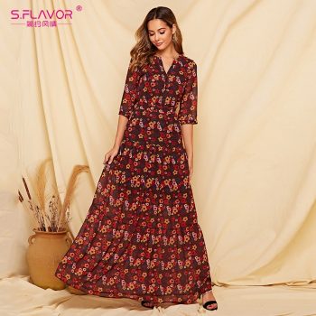 S.FLAVOR 2019 Floral Printed Women Long Dress Three Quarter Sleeve Casual Chiffon Vestidos De Bohemian Style Beach Dress Female