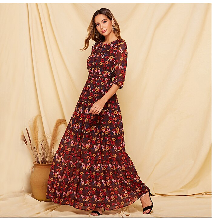 S.FLAVOR 2019 Floral Printed Women Long Dress Three Quarter Sleeve Casual Chiffon Vestidos De Bohemian Style Beach Dress Female