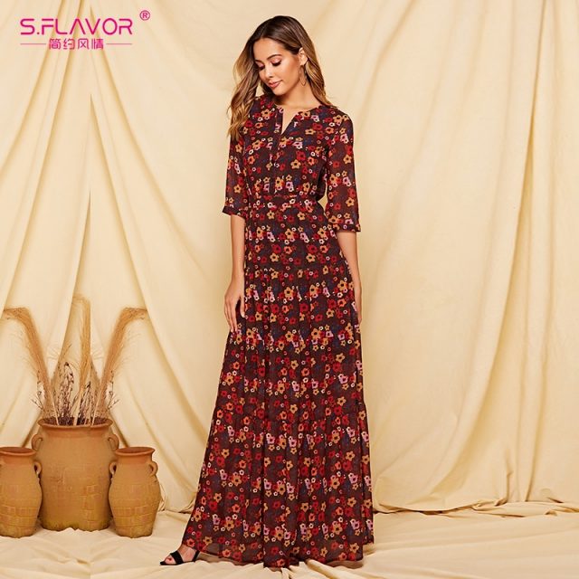 S.FLAVOR 2019 Floral Printed Women Long Dress Three Quarter Sleeve Casual Chiffon Vestidos De Bohemian Style Beach Dress Female
