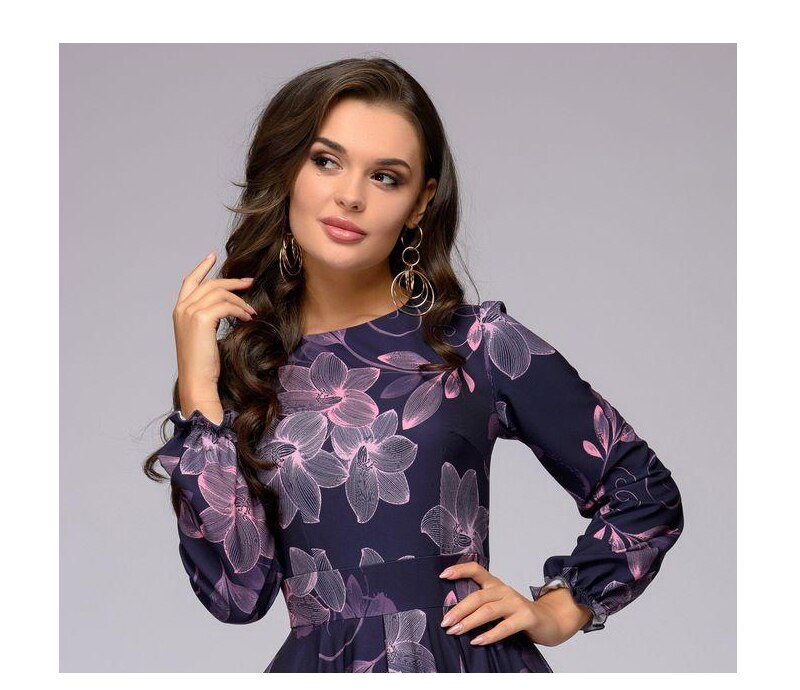 S.FLAVOR Women printing A-line dress Elegant purple color ruffles long sleeve short dress New Autumn Winter vintage vestidos