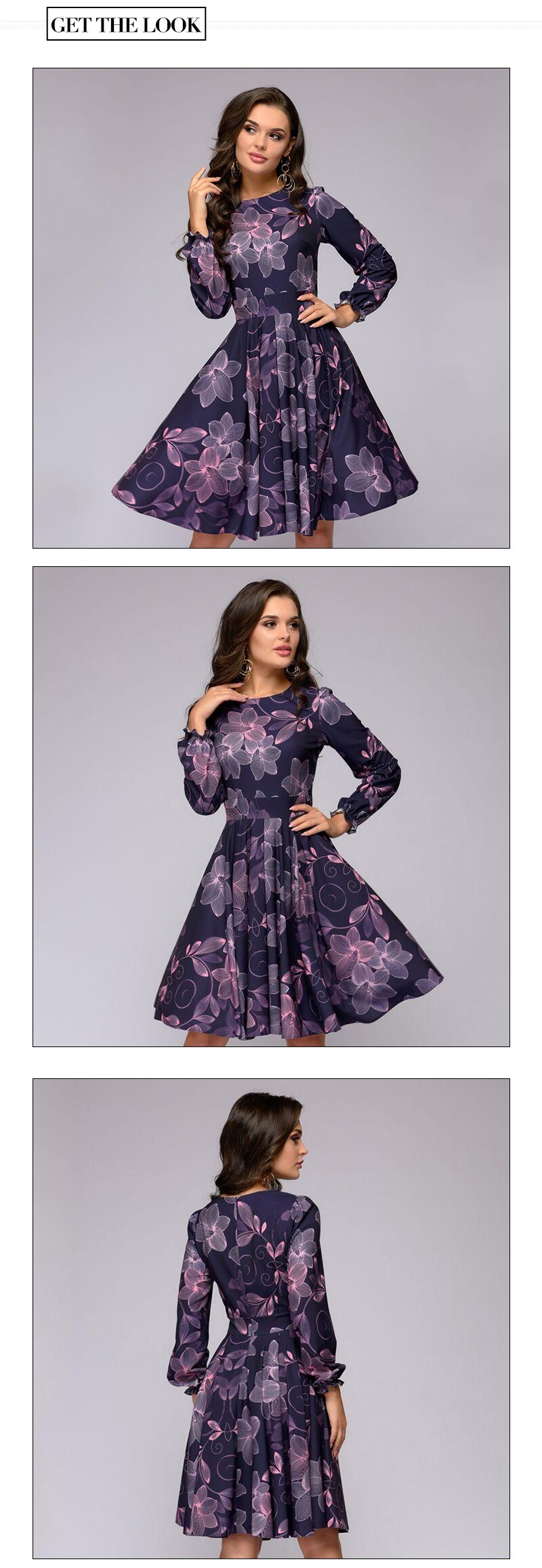 S.FLAVOR Women printing A-line dress Elegant purple color ruffles long sleeve short dress New Autumn Winter vintage vestidos