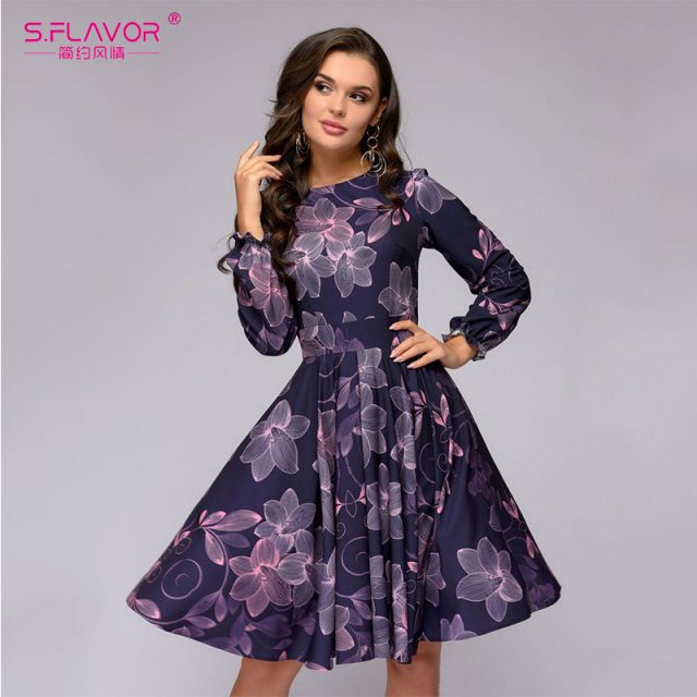 S.FLAVOR Women printing A-line dress Elegant purple color ruffles long sleeve short dress New Autumn Winter vintage vestidos