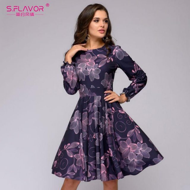 S.FLAVOR Women printing A-line dress Elegant purple color ruffles long sleeve short dress New Autumn Winter vintage vestidos