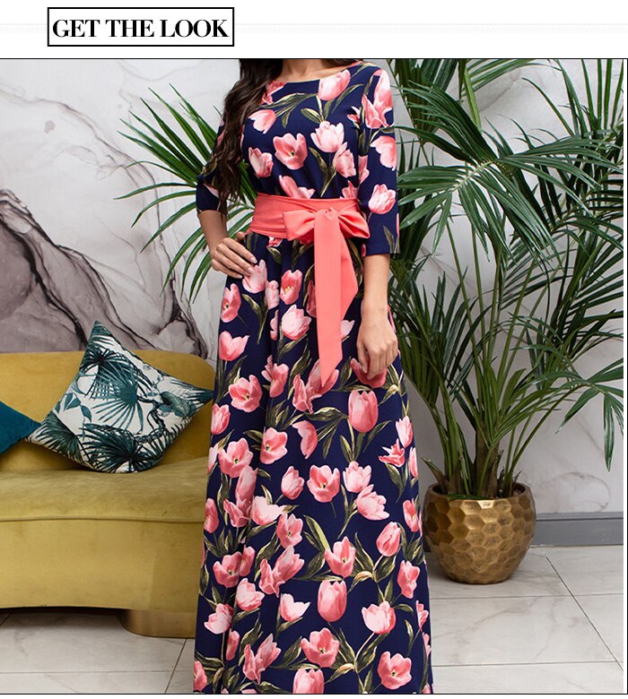 S.FLAVOR Floral Print Long Dress Bohemian Three Quarter Sleeve Sexy Dress 2019 Women O Neck Slim Elegant Autumn Winter Dress