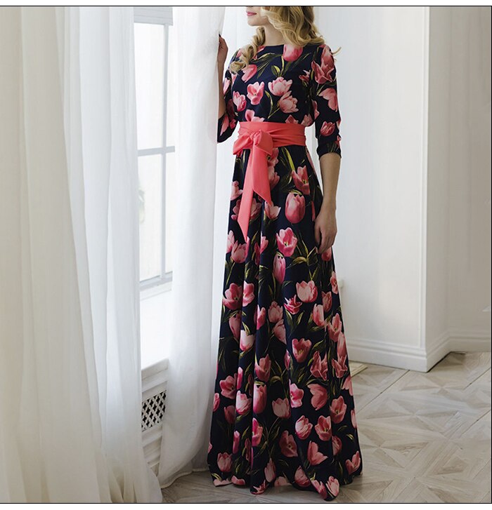 S.FLAVOR Floral Print Long Dress Bohemian Three Quarter Sleeve Sexy Dress 2019 Women O Neck Slim Elegant Autumn Winter Dress