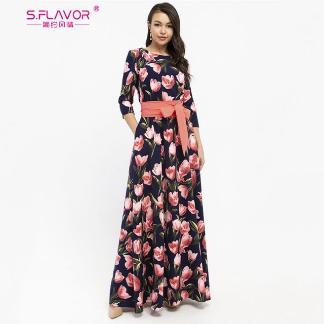 S.FLAVOR Floral Print Long Dress Bohemian Three Quarter Sleeve Sexy Dress 2019 Women O Neck Slim Elegant Autumn Winter Dress