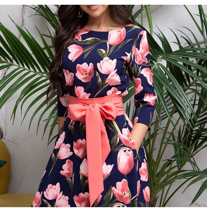 S.FLAVOR Floral Print Long Dress Bohemian Three Quarter Sleeve Sexy Dress 2019 Women O Neck Slim Elegant Autumn Winter Dress