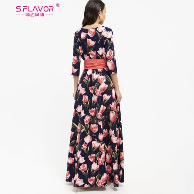 S.FLAVOR Floral Print Long Dress Bohemian Three Quarter Sleeve Sexy Dress 2019 Women O Neck Slim Elegant Autumn Winter Dress