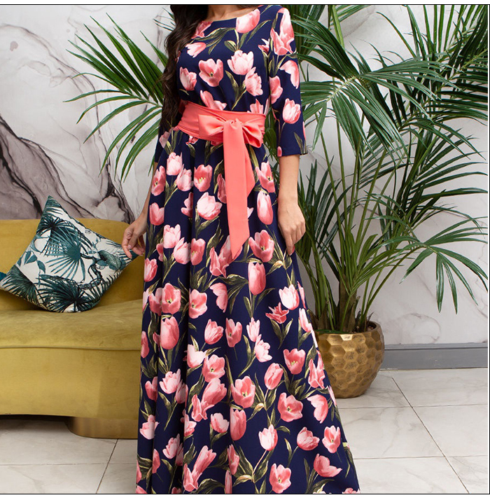 S.FLAVOR Floral Print Long Dress Bohemian Three Quarter Sleeve Sexy Dress 2019 Women O Neck Slim Elegant Autumn Winter Dress