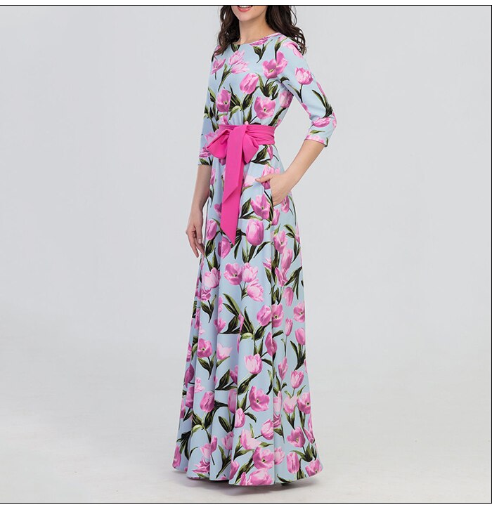 S.FLAVOR Floral Print Long Dress Bohemian Three Quarter Sleeve Sexy Dress 2019 Women O Neck Slim Elegant Autumn Winter Dress