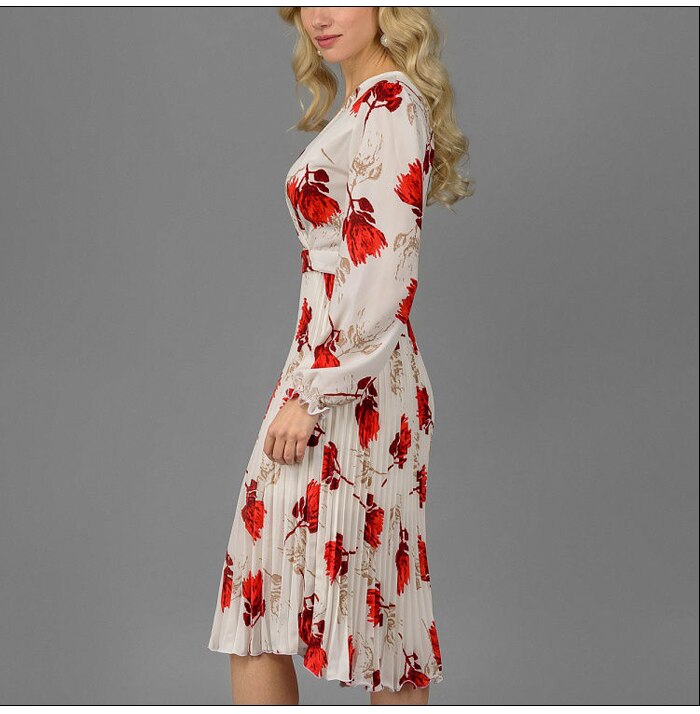 S.FLAVOR Women Slim Floral Printed A-line Dress Elegant V-neck Long Sleeve White Vestidos For Female Autumn Dress