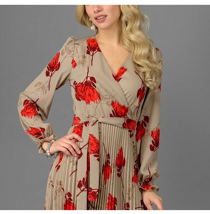 S.FLAVOR Women Slim Floral Printed A-line Dress Elegant V-neck Long Sleeve White Vestidos For Female Autumn Dress