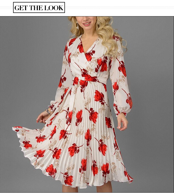 S.FLAVOR Women Slim Floral Printed A-line Dress Elegant V-neck Long Sleeve White Vestidos For Female Autumn Dress