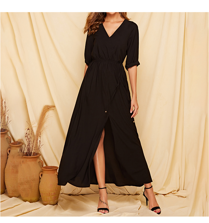 S.FLAVOR Black Women Long Dress 2019 Autumn Winter Half Sleeve V-neck Secy Vestidos For Female  Sexy Bohemian Maxi Dress