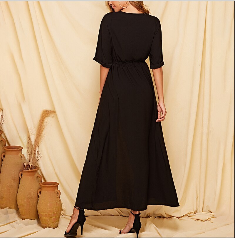 S.FLAVOR Black Women Long Dress 2019 Autumn Winter Half Sleeve V-neck Secy Vestidos For Female  Sexy Bohemian Maxi Dress