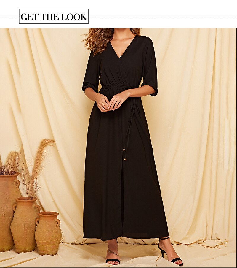 S.FLAVOR Black Women Long Dress 2019 Autumn Winter Half Sleeve V-neck Secy Vestidos For Female  Sexy Bohemian Maxi Dress