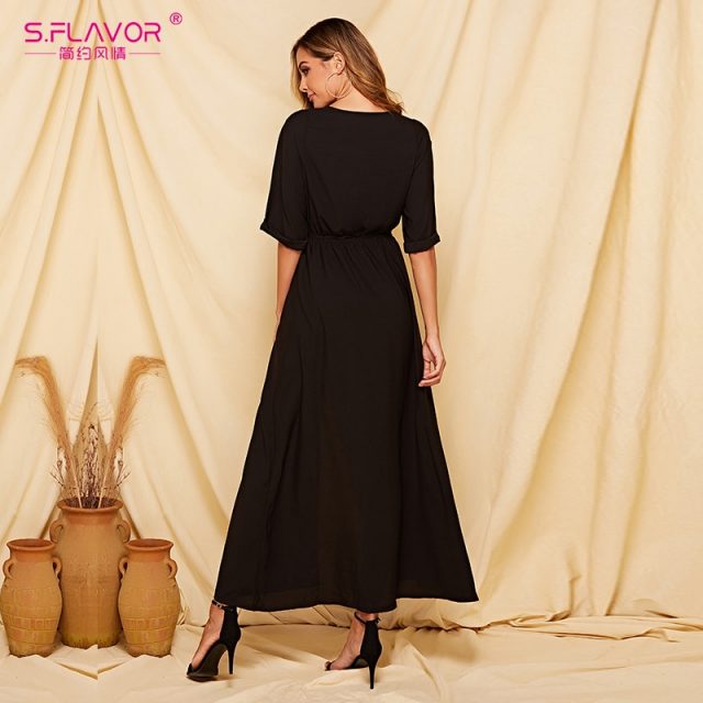 S.FLAVOR Black Women Long Dress 2019 Autumn Winter Half Sleeve V-neck Secy Vestidos For Female  Sexy Bohemian Maxi Dress