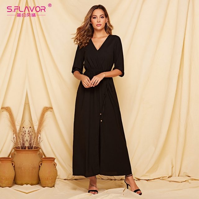 S.FLAVOR Black Women Long Dress 2019 Autumn Winter Half Sleeve V-neck Secy Vestidos For Female  Sexy Bohemian Maxi Dress