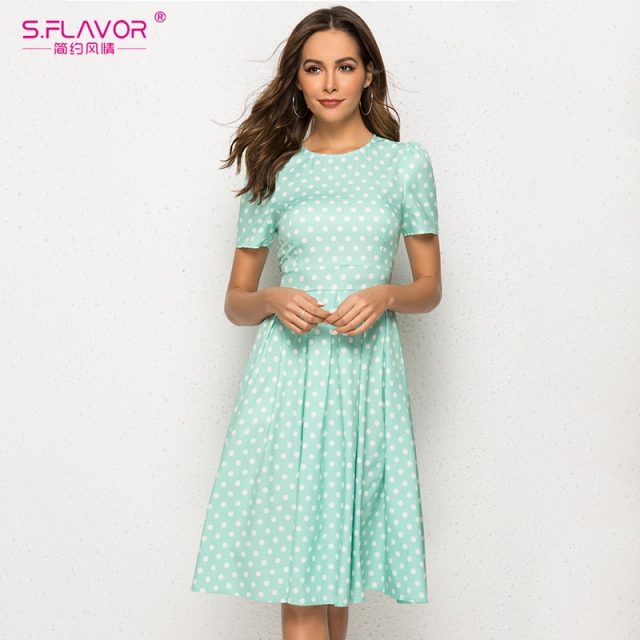 S.FLAVOR Women Short Sleeve Vintage Dress 2019 Polka Dot Print Retro O Neck Party Vestidos Sexy A Line Dress